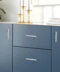 Blue cabinet with 5 Pack 3 Inch Polished Chrome Cabinet Pulls Euro T Bar Stainless Steel Kitchen and Dresser Hardware installed