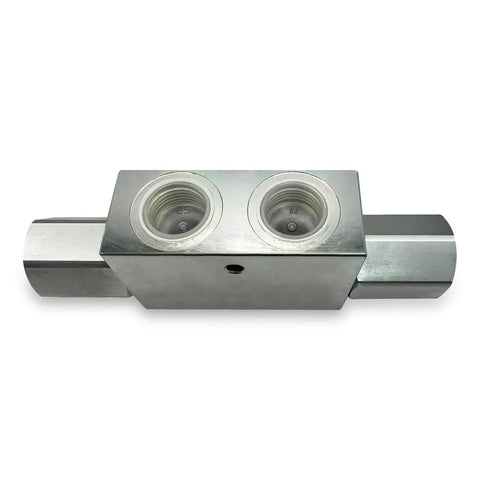Top view of Beefy Double Pilot Operated Check Valve for Hydraulic Systems Three Quarter Inch NPT, Zinc Plated Steel, Heavy Duty.