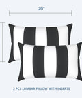 Outdoor Indoor Lumbar Pillows Pack Of 2 Cushions For Patio And Home Sofa Use Water Repellent Fluffy All Weather Cushions 12x20 Inch Cabana Black Chill Patio Vibe Cozy Backyard Decor with black and white stripes