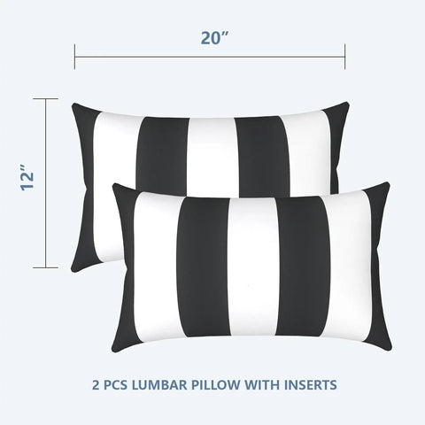 Outdoor Indoor Lumbar Pillows Pack Of 2 Cushions For Patio And Home Sofa Use Water Repellent Fluffy All Weather Cushions 12x20 Inch Cabana Black Chill Patio Vibe Cozy Backyard Decor with black and white stripes