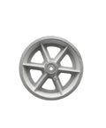 Front view of a six-inch gray cast-iron V-groove caster wheel with five spokes and a central bore