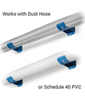 Heavy Duty Dust Hose Support Cradles For 4 Inch Shop Vac Tubing, blue ABS brackets holding flexible dust hose and PVC pipe.
