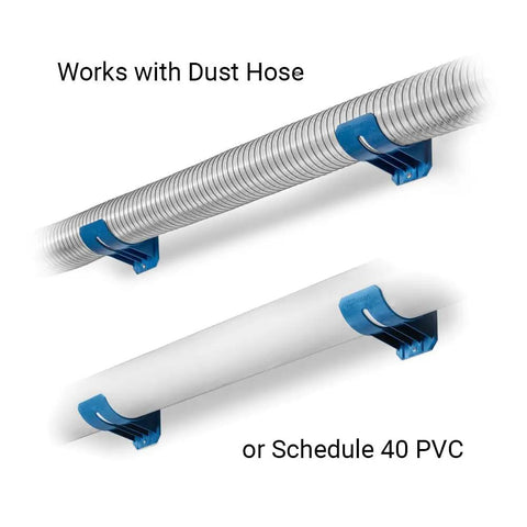 Heavy Duty Dust Hose Support Cradles For 4 Inch Shop Vac Tubing, blue ABS brackets holding flexible dust hose and PVC pipe.