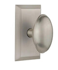 Studio Plate With Homestead Knob Passage Door Hardware Set For Interior Doors Satin Nickel Finish, vintage look from side