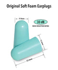 Soft Foam Earplugs For Sleep And Travel 50 Pairs 33 dB NRR Super Comfy Side Sleeper Friendly Perfect For Snoring Work Road Trips And Loud Events Made In USA, teal earplugs with dimensions labeled