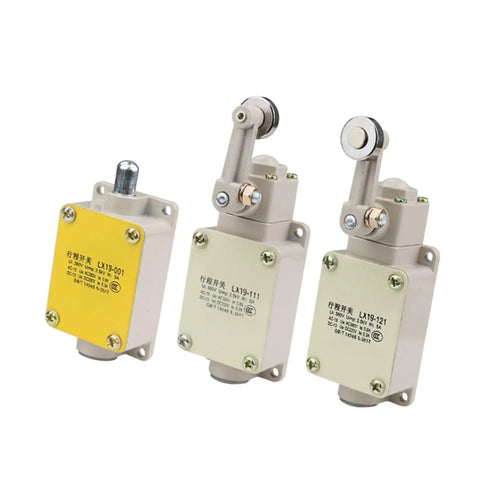 Beefy Workhorse Momentary Travel Limit Switch 1NO 1NC With Millimeter Precision Contacts, Rugged Housing, Anti Impact, Wear Resistant, Ideal For Conveyors, Automation, And Harsh Industrial Environments. Three industrial lever limit switches with roller actuators