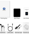 64GB MP3 Player With Bluetooth 5.3 And 1.8 Inch Touch Screen, accessories including earphones, USB cable, case, and manual