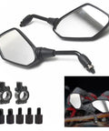 Premium 2 Pack Motorcycle Rearview Mirrors With Wide Angle HD Glass And Anti Shatter Coating For Safe Street Biking Cruiser Scooter Or E bike Riding Experience Featuring Adjustable Foldable Design, 10mm mount