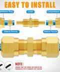 Brass air brake line fittings kit with nylon tubing; shown in front and side views, sizes 1/4-5/8 in, with compression nuts, rings, unions