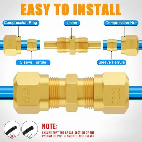Brass air brake line fittings kit with nylon tubing; shown in front and side views, sizes 1/4-5/8 in, with compression nuts, rings, unions