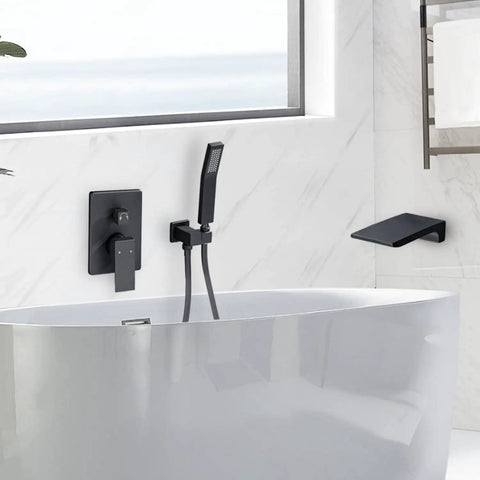 Roman Tub Filler Faucet With Waterfall Spout, Wall Mounted Single Handle Bathtub Shower Kit With Hand Shower in matte black