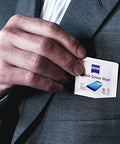 ZEISS pre-moistened screen cleaner wipes package clipped to a suit pocket