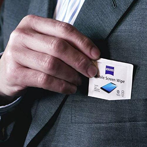 ZEISS pre-moistened screen cleaner wipes package clipped to a suit pocket