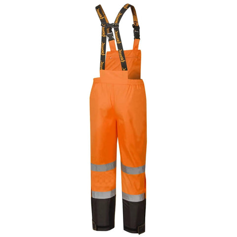 Hi Viz Ripstop Waterproof Bib Pants For Men With Reflective Safety Strips, Rain Gear Overalls, High Visibility Orange with Black Straps