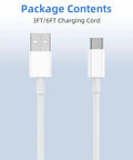 Front view: white USB-A to USB-C charging cables, 2-pack with 3 ft and 6 ft lengths