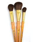 Three Pack Mop Style Brush Set For Arts And Crafts, Gold And Brown Handles displaying varied brush sizes. Ideal for painting.