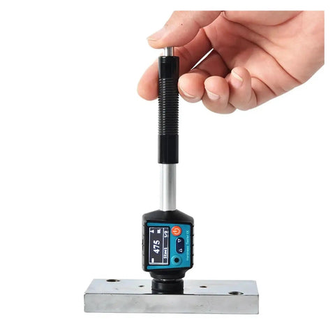No Sweat Heavy Duty Digital Metal Hardness Tester Portable Leeb Scale Instrument measuring steel hardness with OLED display.