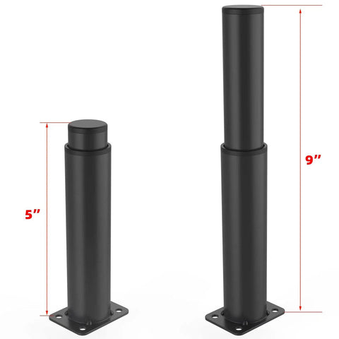 Rock Solid Metal Replacement Furniture Legs With Quick Five To Nine Inch Adjustable Height Range Badass Eight Hundred Pound Heavy Load Support For Couches And Beds Pair, showing 5-inch and 9-inch adjustable sizes.