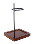 Top Shelf Wood Coffee Dripper Stand Built Tough With Stainless Base viewed from side, showcasing its wooden base and steel holder.