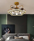 Sleek Pentagonal Ceiling Fan Light Combo Featuring Whisper Quiet DC Motor Kickin Breeze And Heavy Duty Iron Build Perfect For Living Spaces In Polished Silver Or Antique Gold Finish, mounted in stylish bedroom.