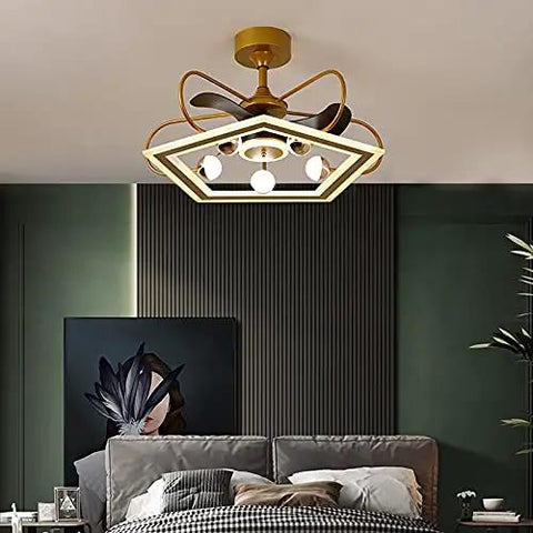 Slick Pentagonal Ceiling Fan With Ambient Glow And Smooth Mute Motor For Chill Living Rooms Featuring Top Shelf Quiet Airflow And Fresh Gold Coffee Finishes That Bring Real Deal Cooling Vibes To Your Home, installed in modern bedroom.