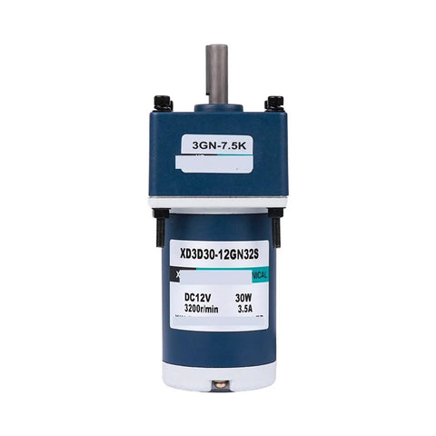 Compact 12V 24V Dc Motor With Gear Reduction And Adjustable Speed For Small Conveyor Belts Runs Smooth As Butter Knockout Durability Zero Hassle Setup Relies On Solid 30 Watt Power, showcasing blue geared motor with label.