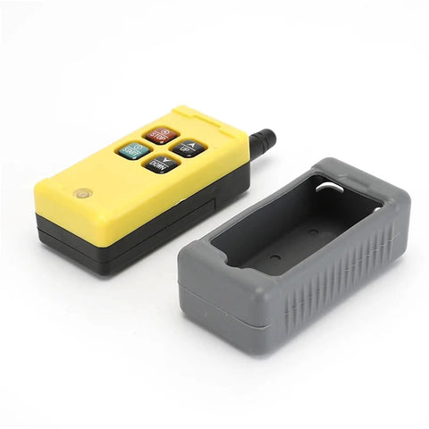 Upgrade Your System With This F21-2S 2-Button Elevator Electric Hoist Conveying Controller Running Smoothly On DC 24V For Small Industrial Automation And HS-4 ACDC 12V Support In A Sleek Single Color Finish, featuring yellow hoist control with gray casing.
