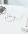 Old School 30 Pin USB Charging Cable 4.0ft 2 In 1 Sync And Charge Cord For iPhone iPad iPod Touch 3G 3GS 4 4S Nano White Copper Core For Fast Data Transfer, plugged into iPhone and USB charger