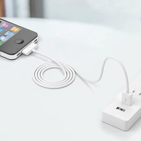 Old School 30 Pin USB Charging Cable 4.0ft 2 In 1 Sync And Charge Cord For iPhone iPad iPod Touch 3G 3GS 4 4S Nano White Copper Core For Fast Data Transfer, plugged into iPhone and USB charger