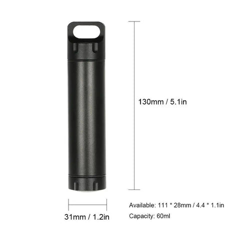 Portable Survival Waterproof Pill Container For Outdoor EDC Gear, CNC machined aluminum bottle, unbreakable and lightweight, dimensions shown
