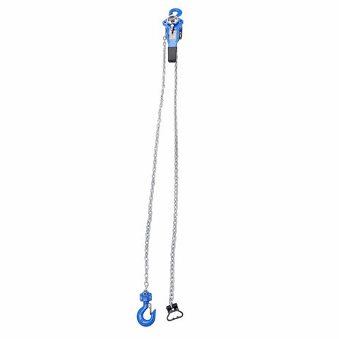 Lever Chain Hoist 1650 Lbs Three Quarter Ton Blue Chain Puller Hoist With 10 Ft Lifting Height featuring dual hooks and chains
