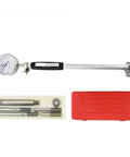 Digital Caliper, Dial Indicator Inner Diameter Gauge Measuring Rod Tool Set with clear dial and accessories in red case.