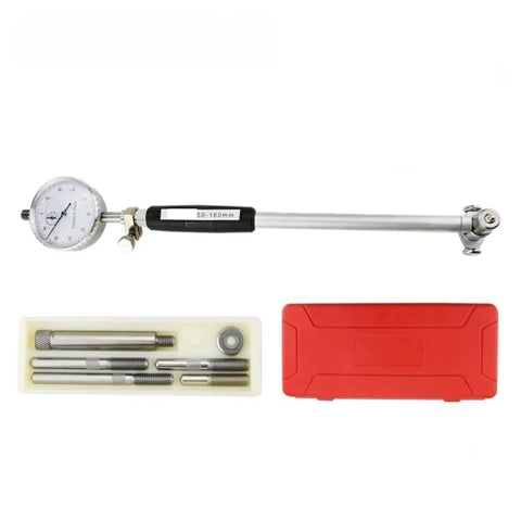 Digital Caliper, Dial Indicator Inner Diameter Gauge Measuring Rod Tool Set with clear dial and accessories in red case.