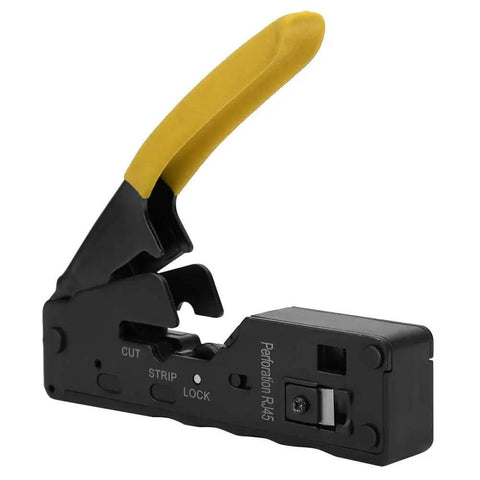 3 In 1 Network Wire Crimping Tool With Cutter And Stripper Adjustable Crimp Modes For CAT5 CAT6 CAT7 Ethernet, yellow PVC handle.