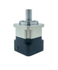 Helical Gear Reducer Fits Nema 17 23 34 Stepper And Servo Motors Plg140 42mm Input Shaft 30 to 1 Ratio side view with shiny metal housing.