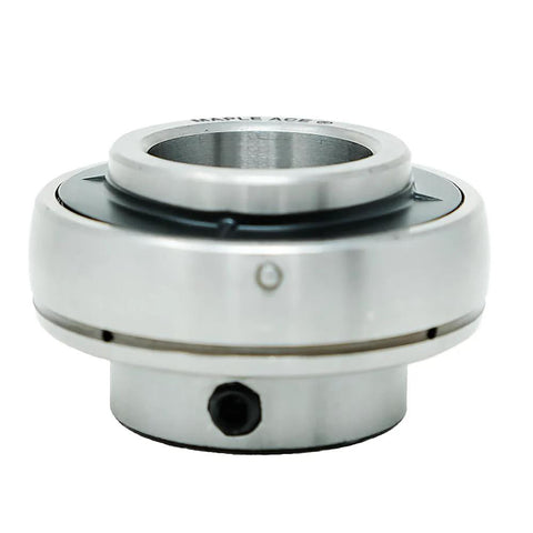 Maple ACE UC201-8 insert bearing, front view, 1/2 in bore, spherical outer race with set screws and lubrication hole