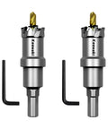 Heavy Duty Three Quarter Inch Hole Saw Kit With Two Piece Carbide Tipped Drill Bits For Metal Stainless Steel Aluminum Plastic And Wood Durable Cutter Set, front view