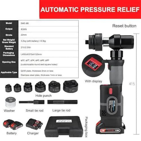 Electric Hydraulic Hole Punch Kit With Six Dies 22 To 60mm, 21V Battery, shown with accessories and specifications chart