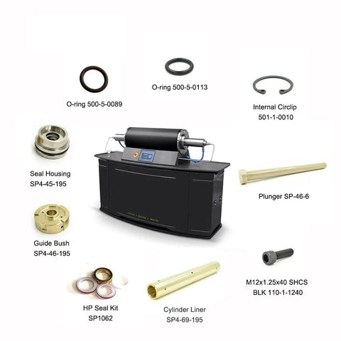 Water Jet Cutter HP Seal Kit SP1060 17.5mm Inner Size High Pressure Outlet Poppet Repair Kit Spare Parts Display including O-rings, plunger, and seal housing