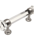 Five Pack Satin Nickel Clear Glass Cabinet Pull Handles With 3 Inch Hole Centers, modern transparent glass handle shown from angle