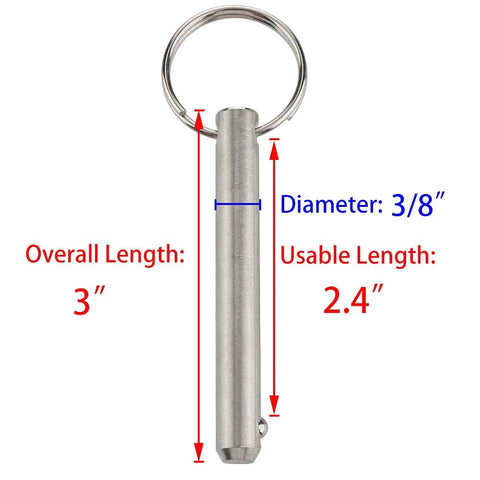 Side view of two 316 stainless steel quick-release pins with rings; 3/8 in diameter, 2.4 in usable length, 3 in overall length.