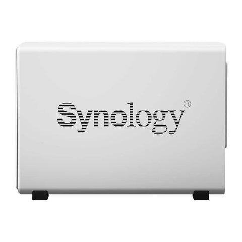 Versatile Nas Network Attached Storage Server With Quad Core 1.4 Ghz Processor And 512 Mb Ram front view of Synology DS220j in white.