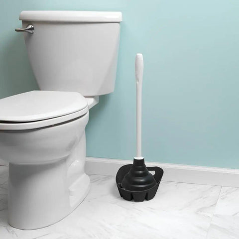 Slick Universal Plunger Tray keeping your bathroom clean, securely holding plunger beside toilet for organized plumbing care.