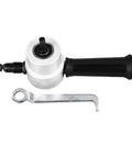 Dual Head Sheet Metal Cutter With 360 Degree Adjustable Nibbler Drill Attachment shown with handle and wrench