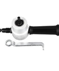 Double Head Sheet Metal Nibbler Drill Attachment For Cutting Iron Stainless Steel Copper Aluminum With Adjustable Dual Heads showing drill attachment and wrench.
