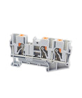 Image of a gray push-in Din rail terminal block with tool-free connectors for easy wiring, part of the 10 Pack Of Durable Gray Push In Din Rail Terminal Blocks Featuring Tool Free Quick Connect Three Wire Contacts For Zero Hassle Cable Splicing And Top Shelf Panel Upgrade Swaps.