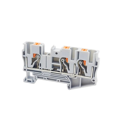 Image of a gray push-in Din rail terminal block with tool-free connectors for easy wiring, part of the 10 Pack Of Durable Gray Push In Din Rail Terminal Blocks Featuring Tool Free Quick Connect Three Wire Contacts For Zero Hassle Cable Splicing And Top Shelf Panel Upgrade Swaps.