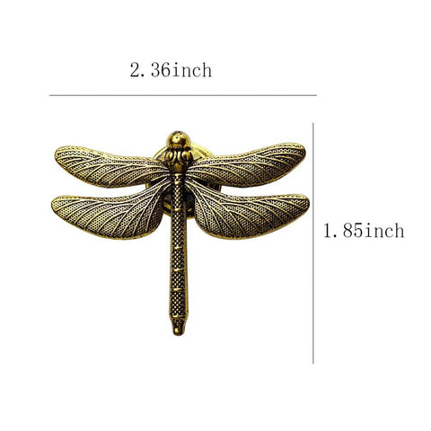 Dragonfly Drawer Knobs Set 6 Pieces in Ancient Gold, modern dresser pulls, zinc alloy hardware, realistic wing detail, front view