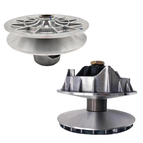 Premium CVT Drive And Driven Pulley Assembly Replaces 0JYA-051000-00001 for CF MOTO models showing polished aluminum finish side-by-side.