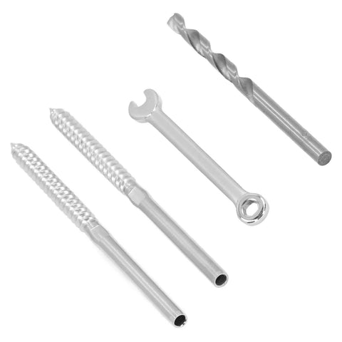 Components of 316 Stainless Steel Swage Lag Screw Kit Includes Wrench And Drill Bit For One Eighth Inch Cable Railing 2 Inch Length